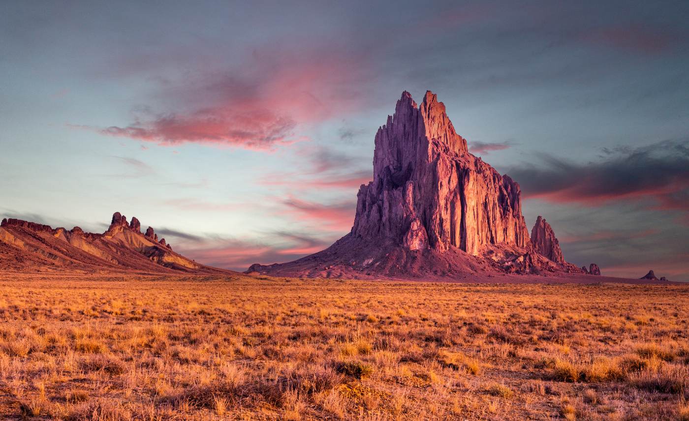 Shiprock at dusk in northwestern New Mexico
