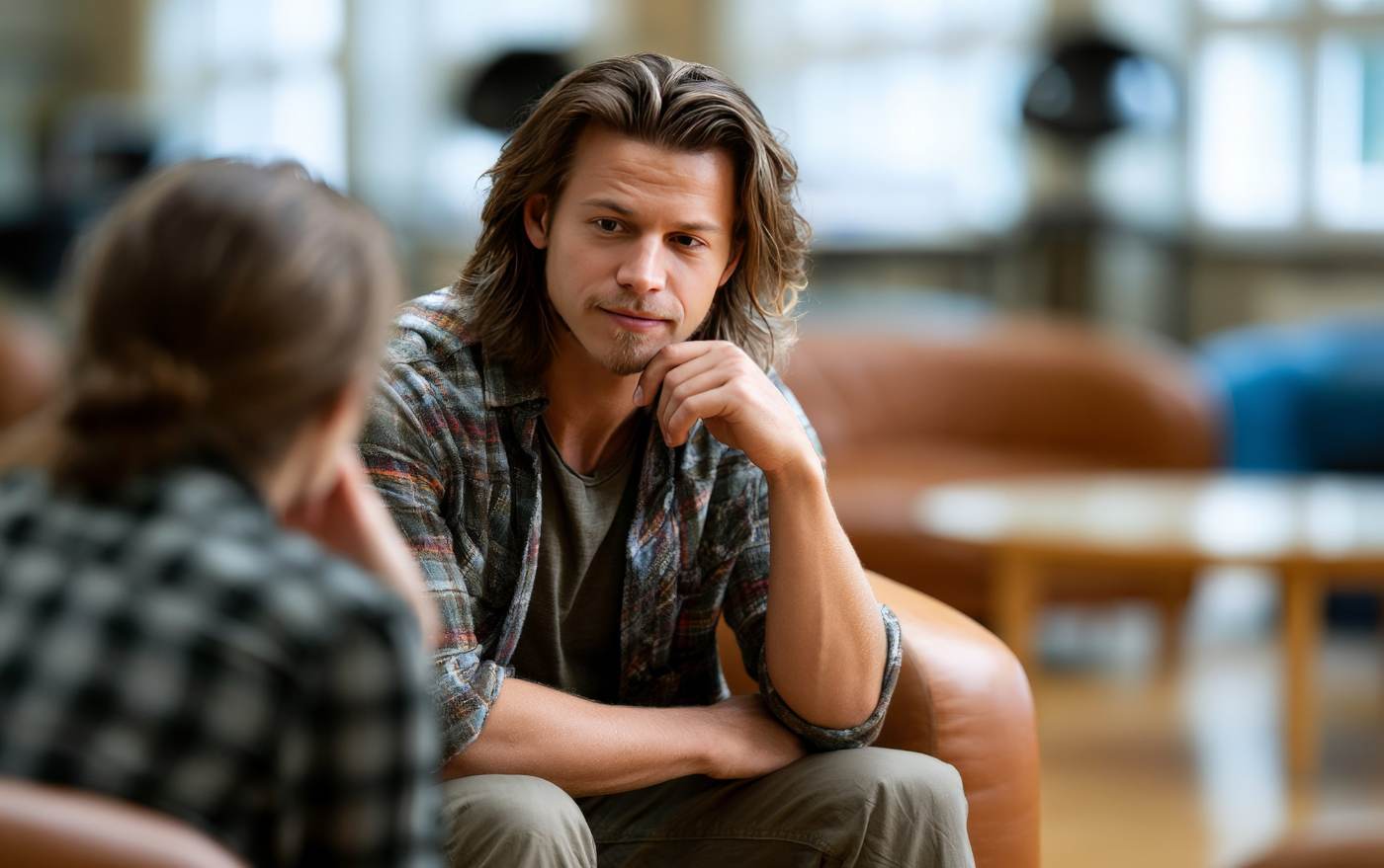 A man listening attentively to someone seated across from him
